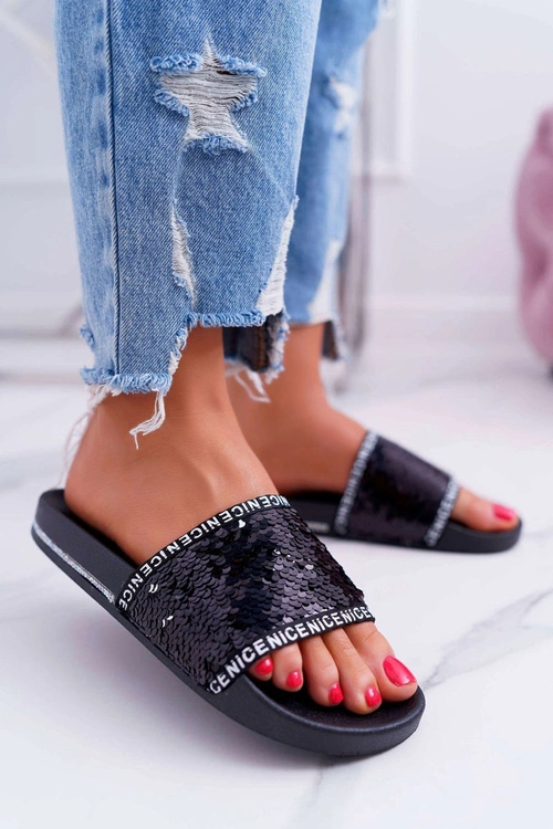 Damskie Klapki Czarne Opalizujące Nice