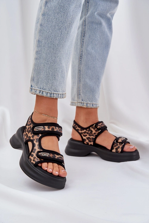 Eko Skórzane Lekkie Sandały Na Platformie Panterka Brązowe Deniffia