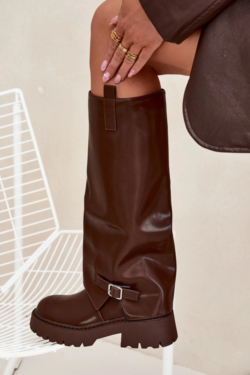 Ocieplane Kozaki Z Wywiniętą Cholewką I Klamrą Czekoladowe Fiorae