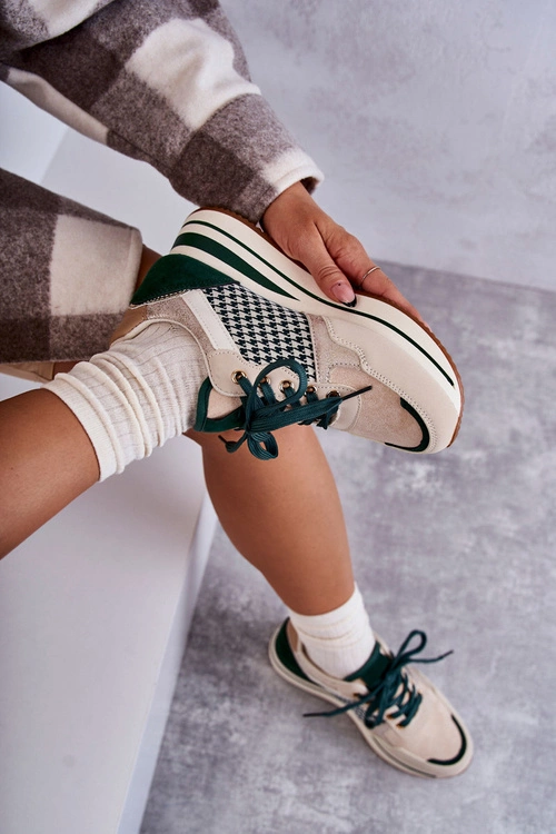 Modne Buty Sportowe Damskie Na Koturnie Beżowo-Zielone Aronne