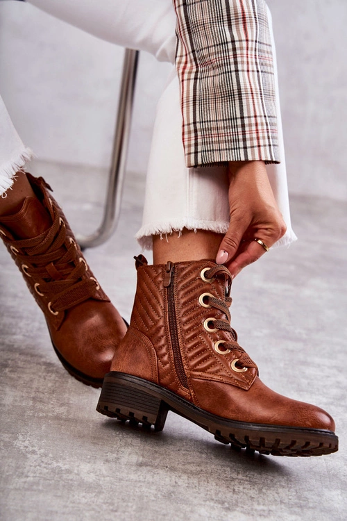 Skórzane Pikowane Botki Z Ociepleniem Brązowe Torino