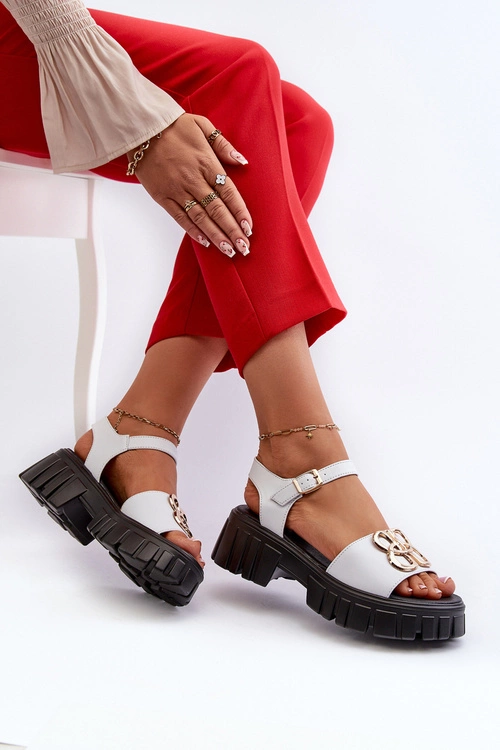 Skórzane Sandały Damskie Ze Złotą Ozdobą Białe Vinceza 7910