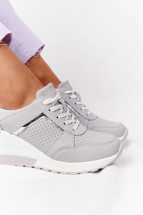 Skórzane Sneakersy Na Koturnie S.Barski Szare
