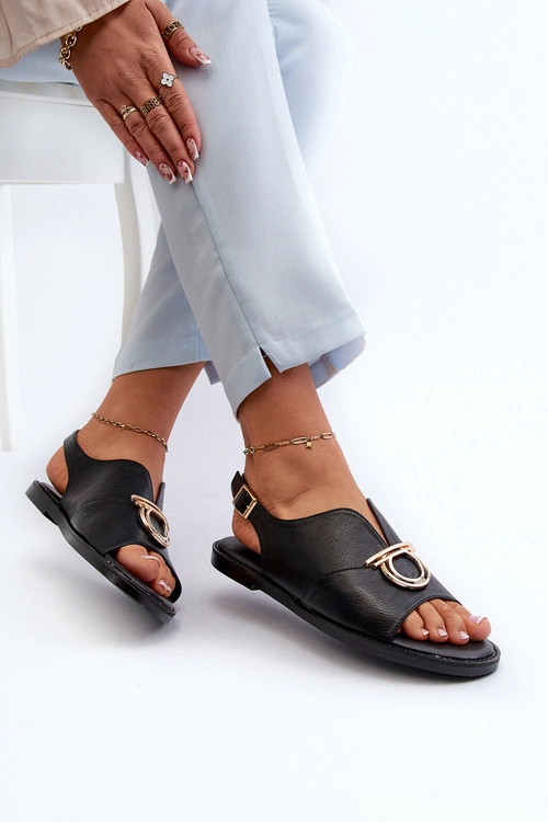 Płaskie Sandały Damskie Ze Złotą Ozdobą Vinceza 17319 Czarne