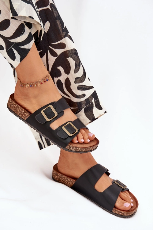 Damskie Klapki Na Korkowej Platformie Z Klamrami Czarne Vesina