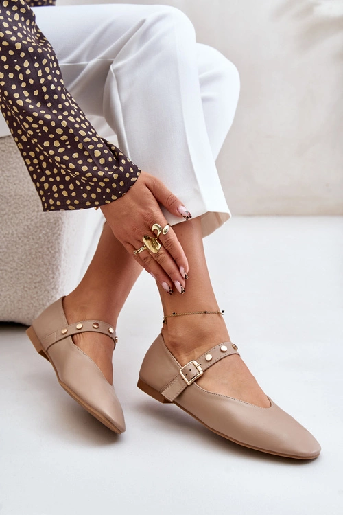 Eko Skórzane Baleriny Z Paskiem Beżowe Alcionora