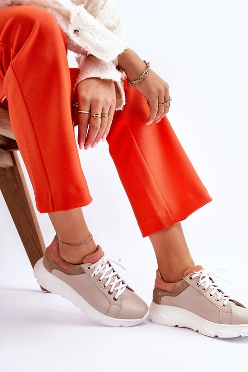 Wygodne Skórzane Buty Sportowe Na Platformie Beżowe Alisane