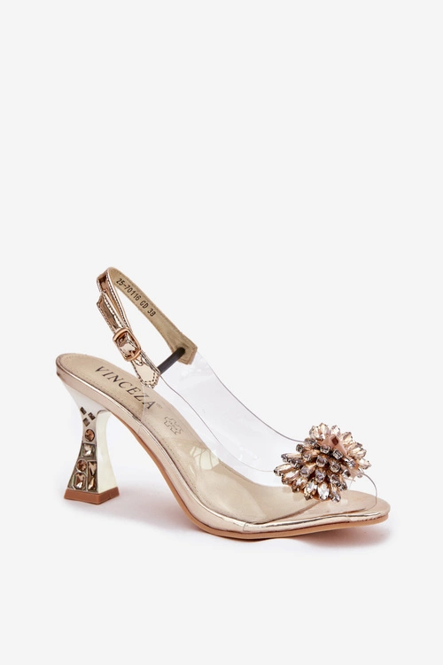 Transparentne Sandały Na Obcasie Z Kryształkami Vinceza 70116 Złote