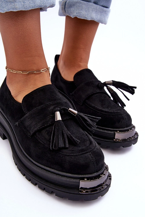 Zamszowe Półbuty Mokasyny Damskie Czarne Ramvli