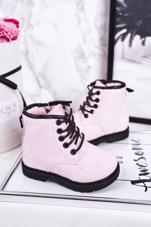 Dziecięce Brokatowe Ocieplane Botki Traperki Różowe Ariel