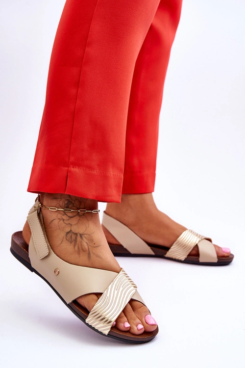 Skórzane Sandały Na Rzep Złoto-Beżowe Lemar Addison