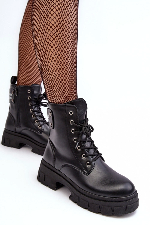 Damskie Workery Botki Sznurowane Na Płaskim Obcasie Czarne Brenhile