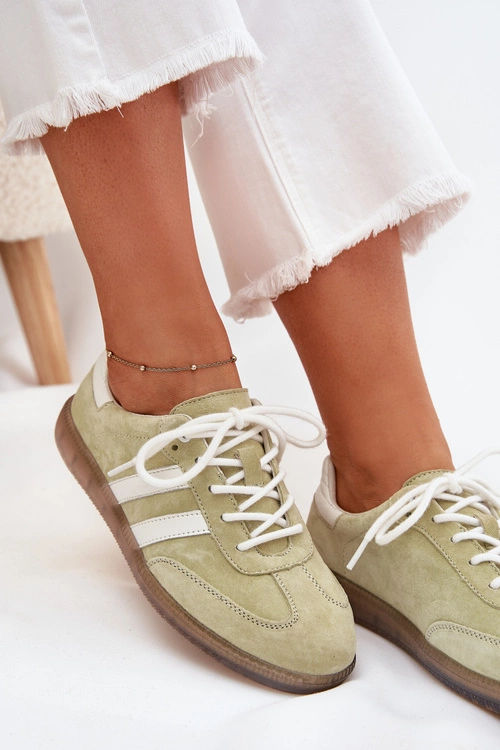 Niskie Skórzane Sneakersy Damskie Limonkowe Ismina