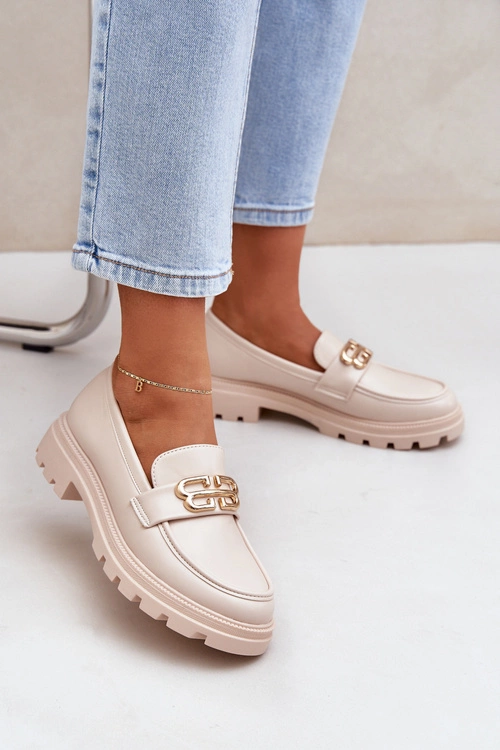 Mokasyny Damskie Ze Złotym Detalem Beżowe Trionna