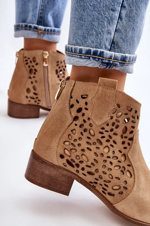Damskie Ażurowe Botki Lewski Shoes 2909 Ciemnobeżowe