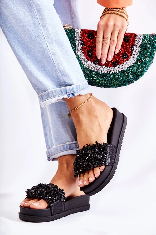 Damskie Klapki Na Platformie Z Ozdobami Czarne Almina