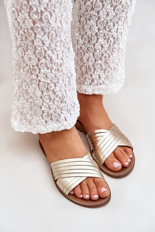 Skórzane Damskie Klapki Lewski Shoes 3682 Złote