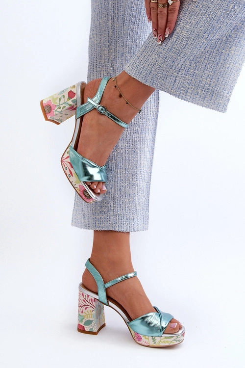 Sandały Damskie Na Słupku W Kwiaty D&A CR980 Błękitne