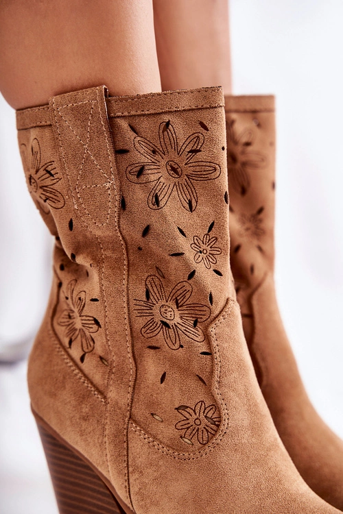 Modne Zamszowe Botki Kowbojki W Kwiaty Camel Coralie