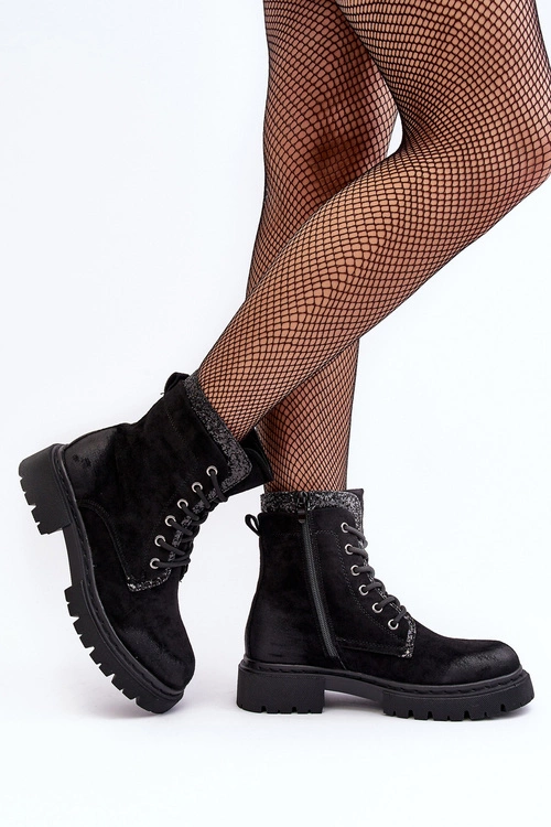 Zdobione Botki Workery Damskie Na Suwak Czarne Santelia