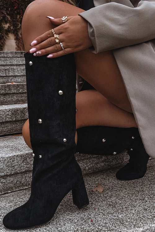 Kozaki Damskie Ocieplane Na Słupku Z Ozdobnymi Detalami Czarne Lucinda