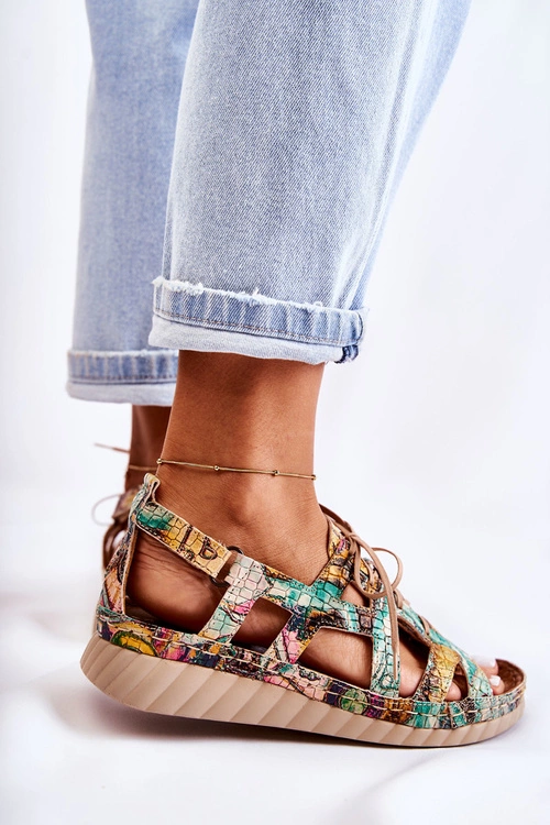 Damskie Skórzane Sandały Na Rzep 05375-09 Zielone