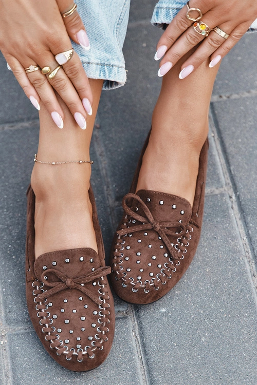 Zdobione Mokasyny Damskie Z Eko Zamszu Brązowe Prissine