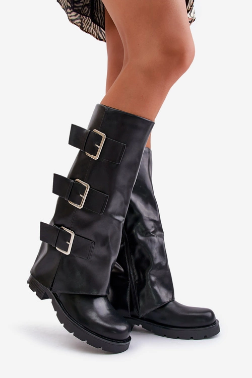 Ocieplane Kozaki Z Wywiniętą Cholewką I Klamrami Czarne Cialetta