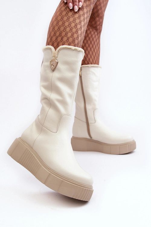 Damskie Skórzane Kozaki Z Wełną Kremowe Bayla