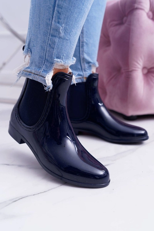 Damskie Lakierowane Wsuwane Kalosze Granatowe Pola