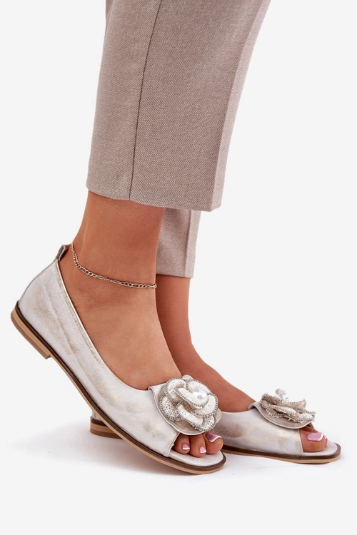 Skórzane Baleriny Z Odkrytymi Palcami I Kwiatem Zazoo 1870 Złoty Przecierany