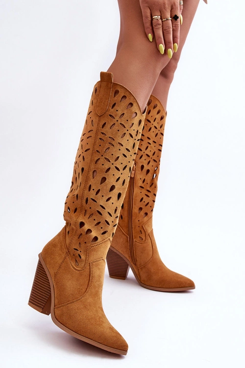 Zamszowe Ażurowe Kozaki Kowbojki Brązowe Nisu