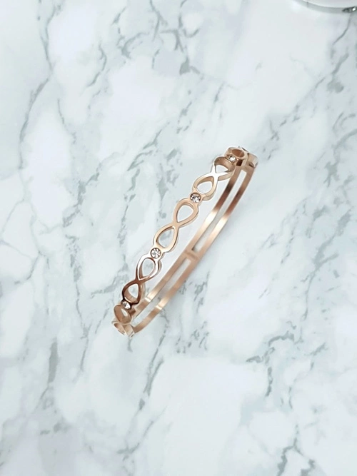 Damska Bransoleta Stalowa Z Cyrkonią Nieskończoność Różowe Złoto Glam