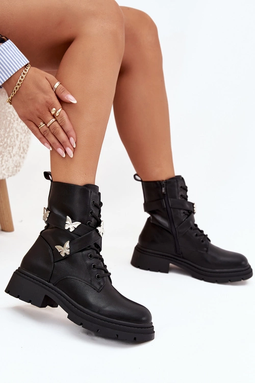 Ocieplane Botki Workery Z Paskiem I Srebrnymi Przypinkami Czarne Kaelina