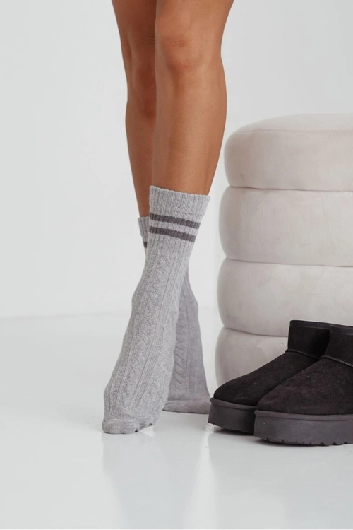 Skarpetki Damskie Warkocz Z Paskami Szare