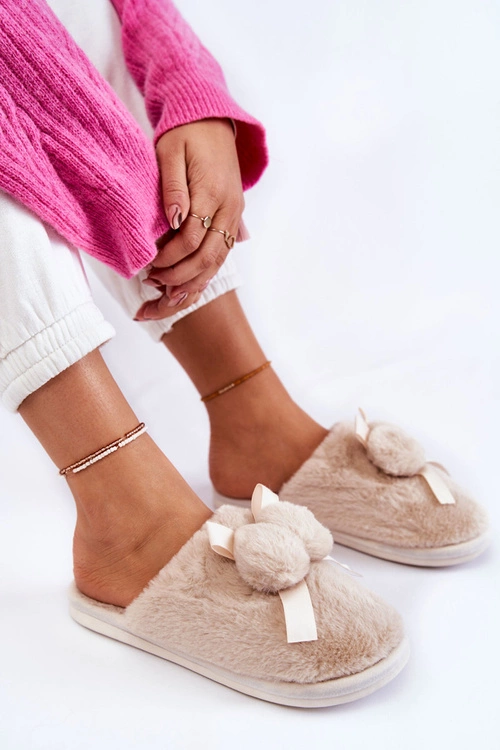 Damskie Futrzane Papcie Z Pomponami Beżowe Castello