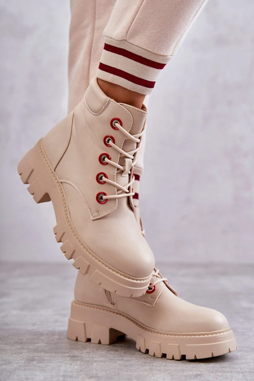 Skórzane Botki Workery Na Suwak Beżowe Messa