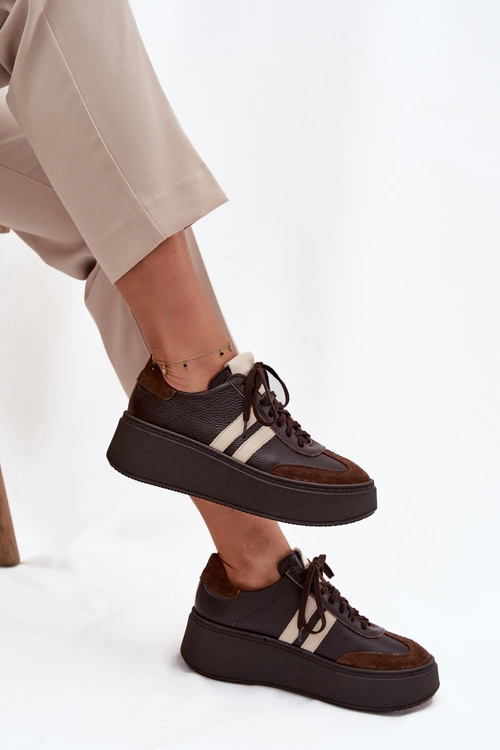 Skórzane Sneakersy Damskie Na Platformie Zazoo 3775 Czekoladowe