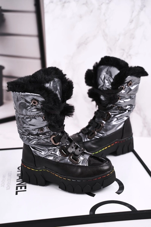 Dziecięce Śniegowce Ocieplone Futerkiem Czarno Szare Turismo