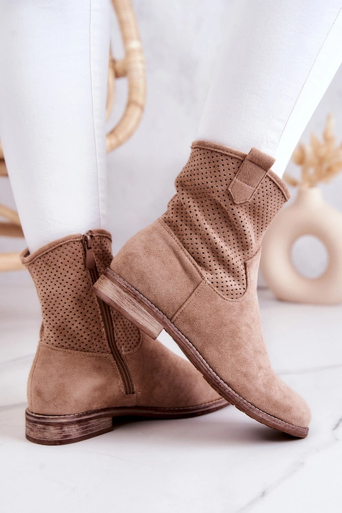 Zamszowe Damskie Ażurowe Botki Beżowe Lemar