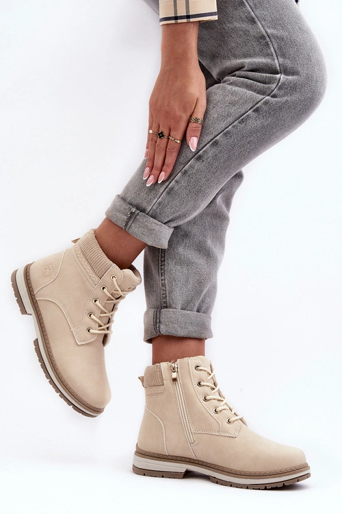 Damskie Skórzane Trapery Ocieplane Beżowe Bimena