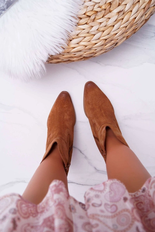 Botki Damskie Na Obcasie Skóra Zamsz Koniak Nicole 2433