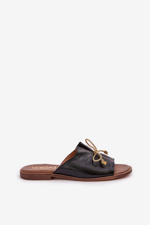 Skórzane Płaskie Eleganckie Klapki Z Kokardką Lewski 3572 Czarne