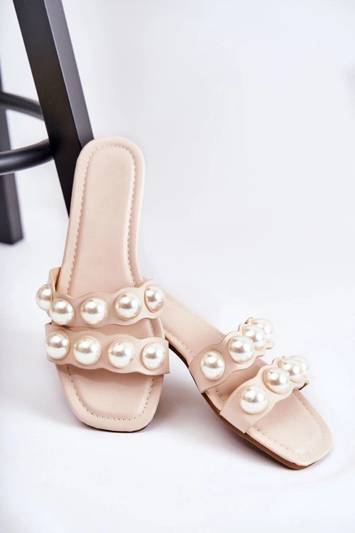 Damskie Skórzane Klapki Z Ozdobnymi Perełkami Beżowe Lasello