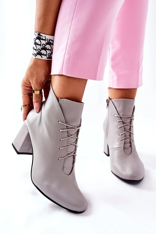 Damskie Skórzane Botki Na Słupku Szare Carrice