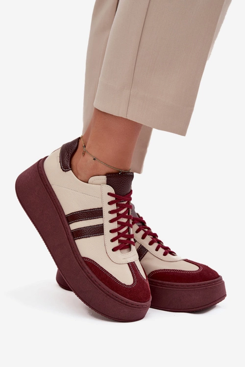Skórzane Sneakersy Damskie Na Platformie Zazoo 3775 Beżowo-Bordowe
