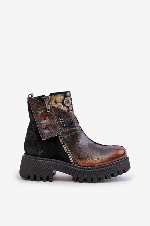 Skórzane Ocieplane Botki Na Platformie I Płaskim Obcasie Maciejka 06140-25 Złoto-Czarne