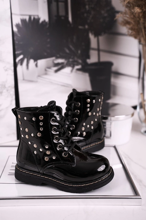 Dziecięce Ocieplane Botki z Dżetami Lakierowane Czarne Fame