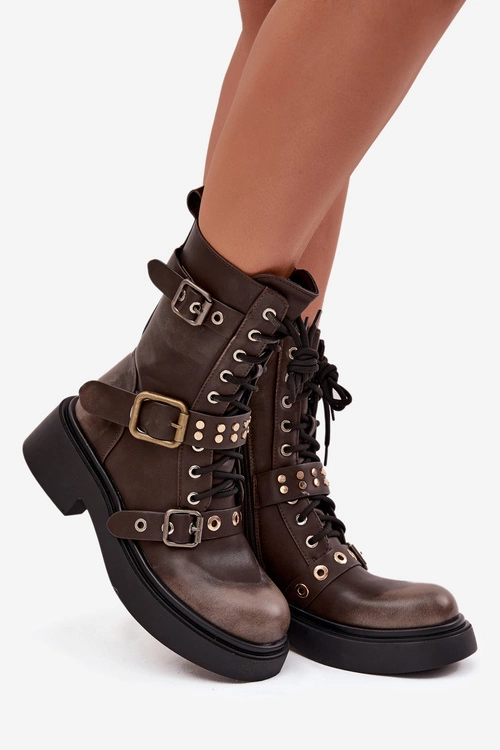 Ocieplane Botki Workery Damskie Z Klamrami Brązowe Marisse