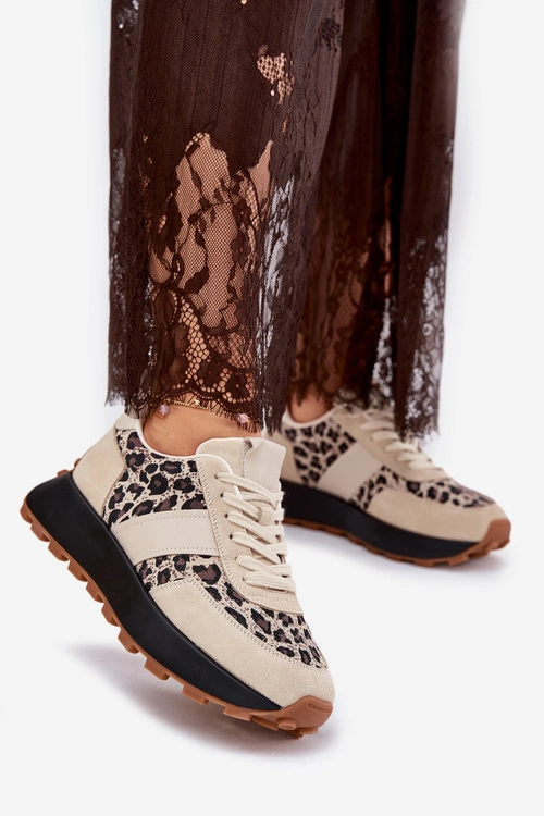 Zamszowe Sneakersy Damskie Na Platformie Panterka Vinceza 66793 Beżowe